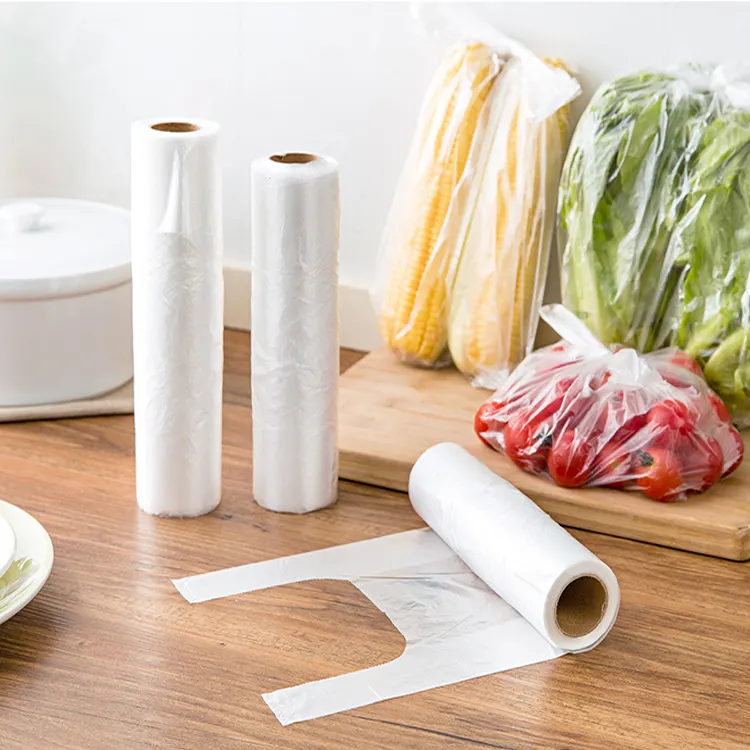 Custom printed clear hdpe ldpe t-shirt plastic food packaging roll bag shopping plastic carrier food bag on roll for supermarket