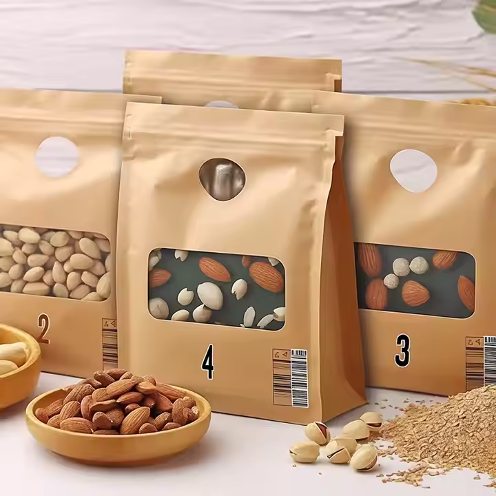 Hebeimili-9*14cm Waterproof Zipper Sealed Resealable Zip Lock Food Grade Ziplock Stand up Pouch Brown Kraft Paper Bag With Window