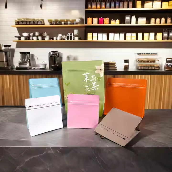 Hebeimili-Custom logo Flat Bottom Coffee Packaging Bag Self-sealing 250g Coffee Pouch with air Valve